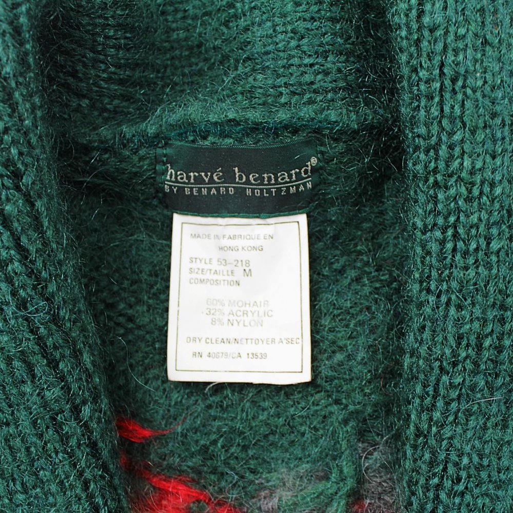 Vintage 90s Mohair Cardigan Sweater Shawl Collar Ribbed Knit Green Leafs Pockets - Picture 8 of 12